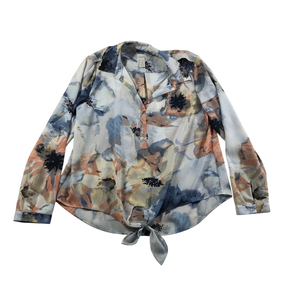 Chico's Watercolor Floral Tie Front Blouse Blue Peach Size 2 Large Long Sleeve
